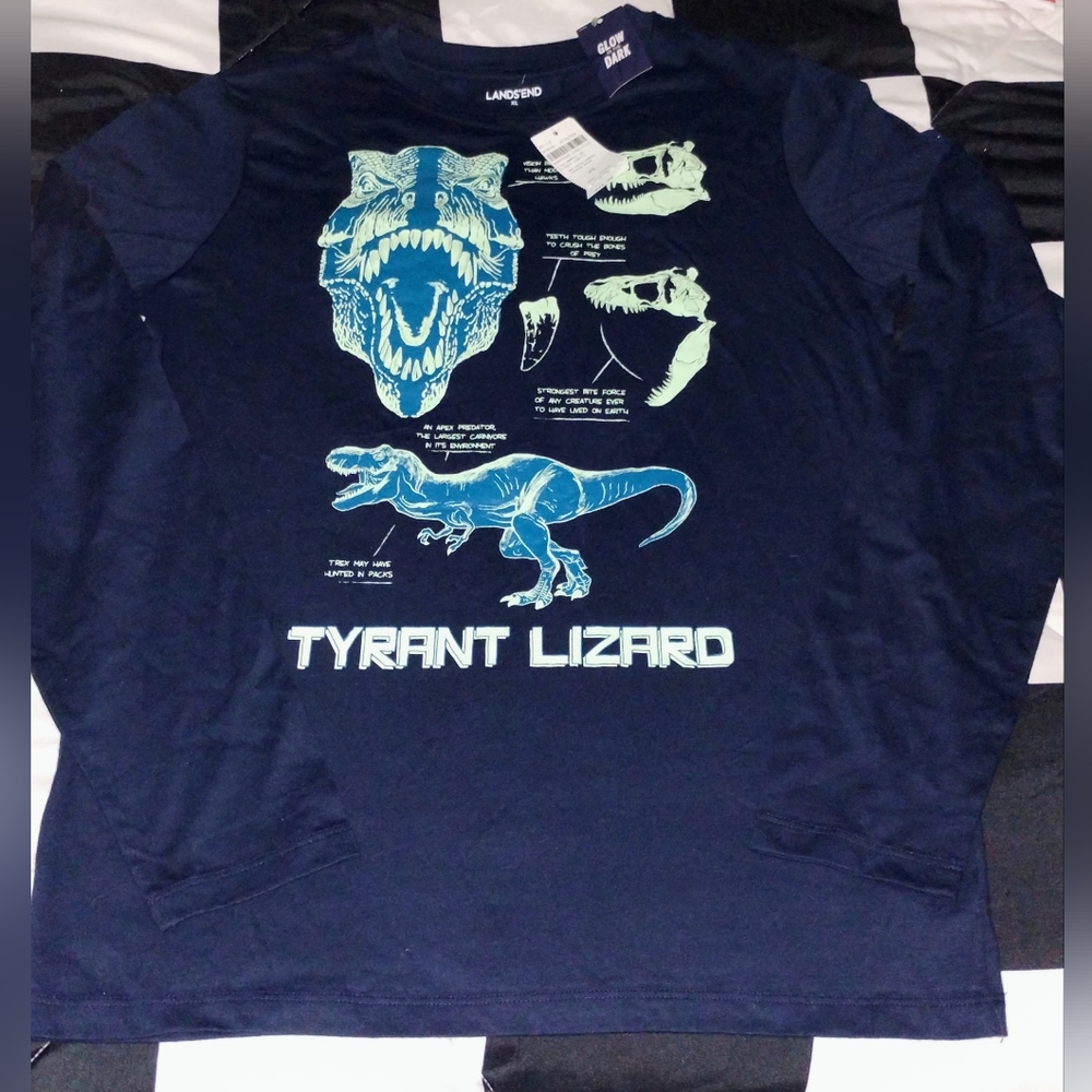 NWT Lands'End Boys Size XL-18/20 Blue Long Sleeve Glow in the Dark Dino Shirt